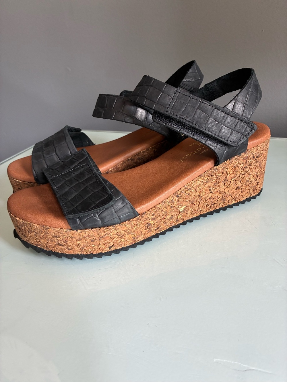 Eric Michael Black Croc-Texture Cork Platform Sandals